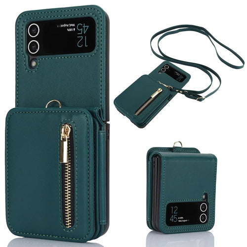 For Samsung Galaxy Z Flip4 5G Crossbody Phone Case RFID Blocking Cover Zipper Pocket - Blackish Green - 1
