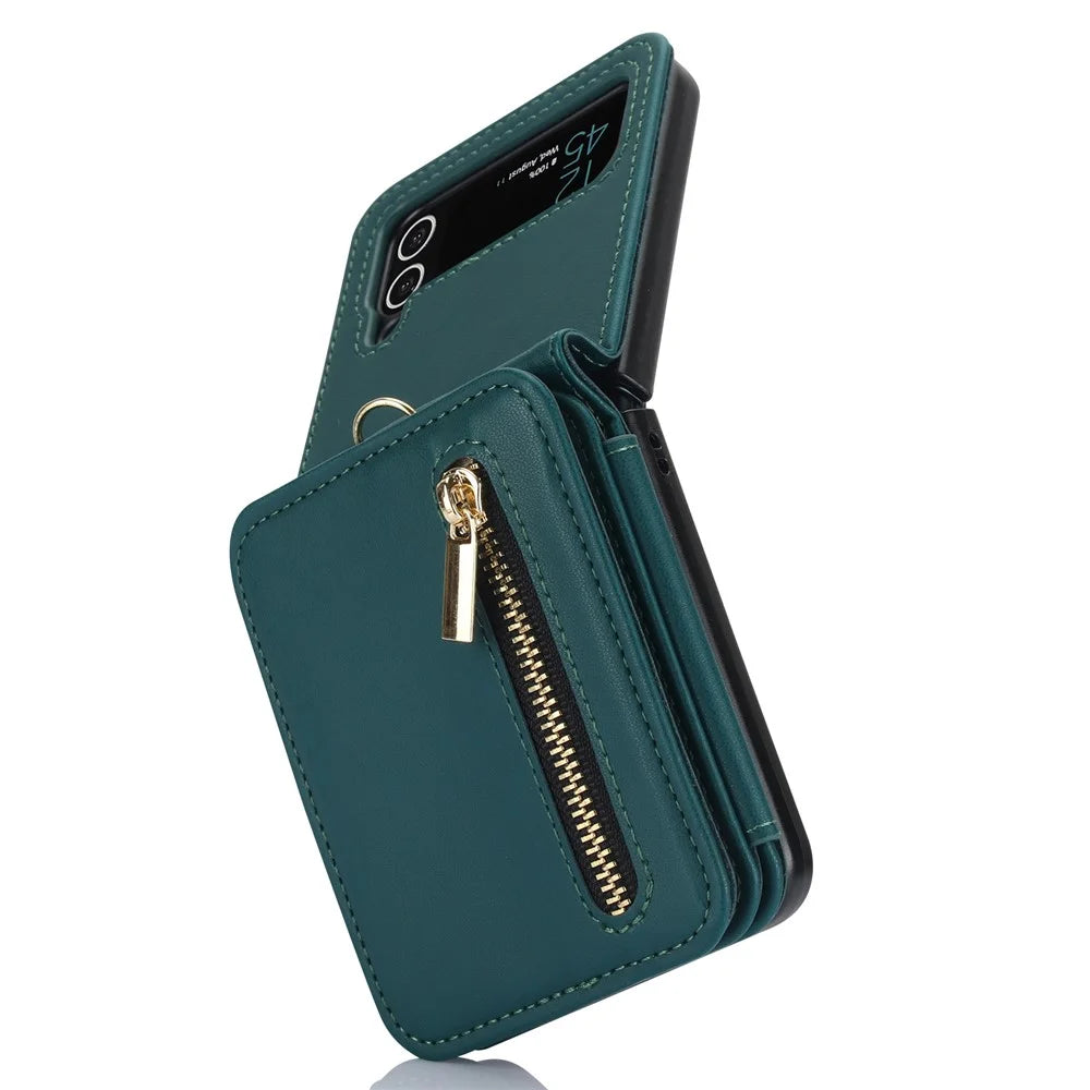 For Samsung Galaxy Z Flip4 5G Crossbody Phone Case RFID Blocking Cover Zipper Pocket - Blackish Green - 2