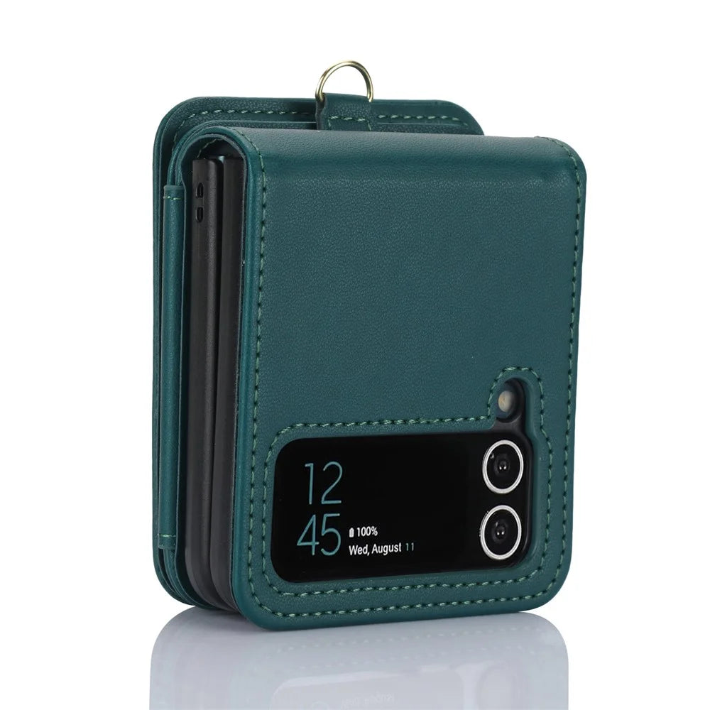 For Samsung Galaxy Z Flip4 5G Crossbody Phone Case RFID Blocking Cover Zipper Pocket - Blackish Green - 3