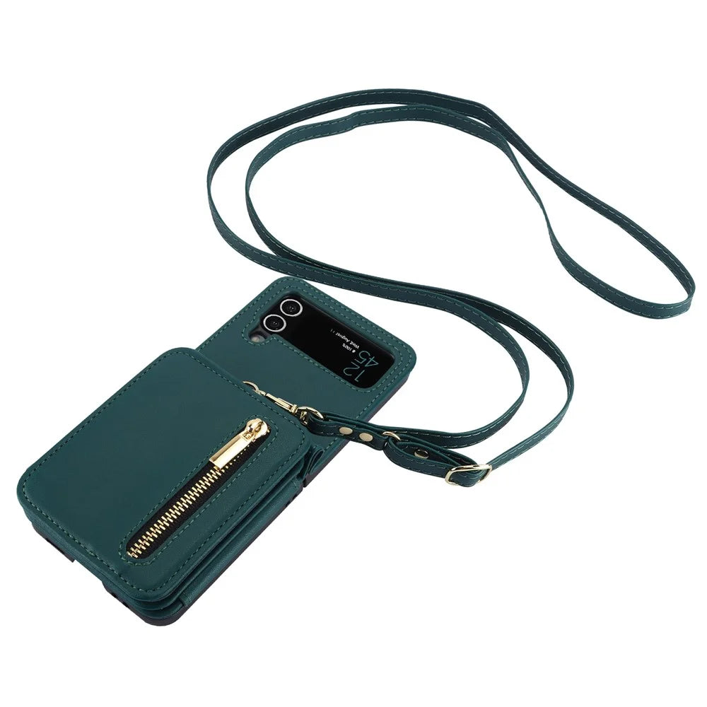 For Samsung Galaxy Z Flip4 5G Crossbody Phone Case RFID Blocking Cover Zipper Pocket - Blackish Green - 4