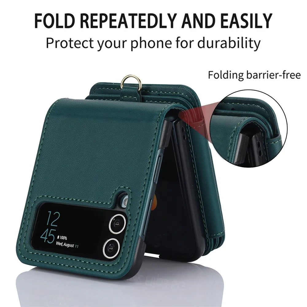 For Samsung Galaxy Z Flip4 5G Crossbody Phone Case RFID Blocking Cover Zipper Pocket - Blackish Green - 5