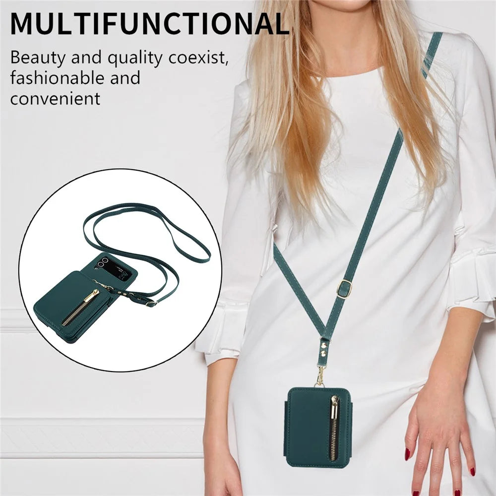 For Samsung Galaxy Z Flip4 5G Crossbody Phone Case RFID Blocking Cover Zipper Pocket - Blackish Green - 6