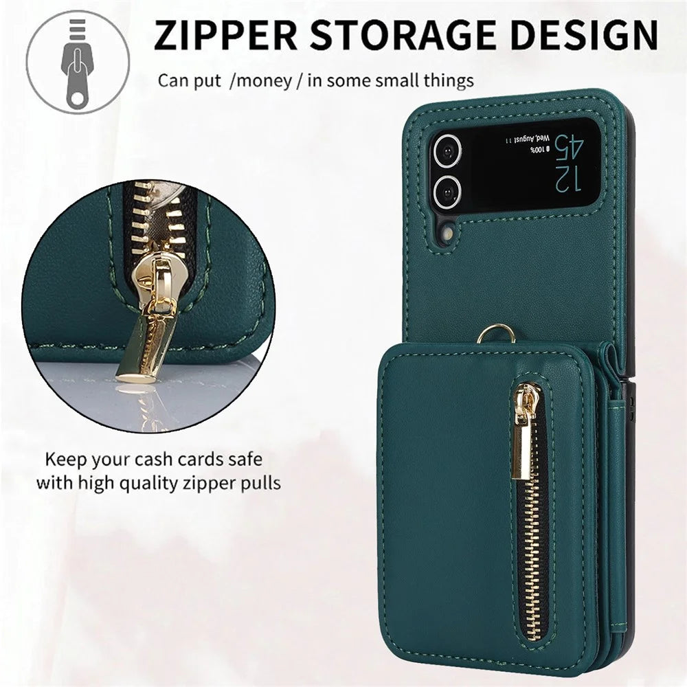 For Samsung Galaxy Z Flip4 5G Crossbody Phone Case RFID Blocking Cover Zipper Pocket - Blackish Green - 7