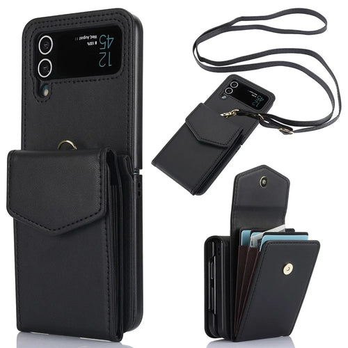 For Samsung Galaxy Z Flip4 5G Crossbody Phone Case RFID Blocking Card Holder Cover - Black - 1