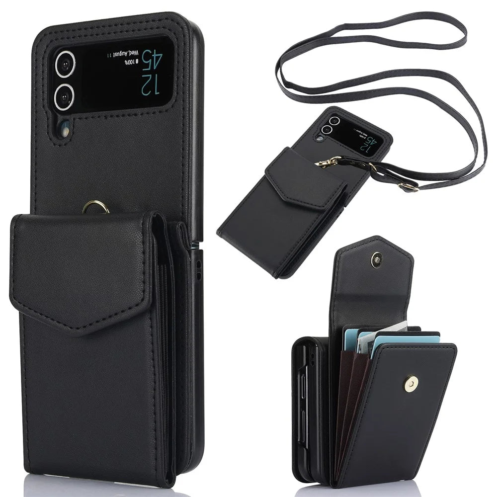 For Samsung Galaxy Z Flip4 5G Crossbody Phone Case RFID Blocking Card Holder Cover - Black - 1