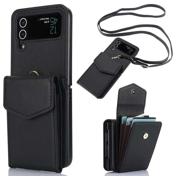 For Samsung Galaxy Z Flip4 5G Crossbody Phone Case RFID Blocking Card Holder Cover - Black - 1
