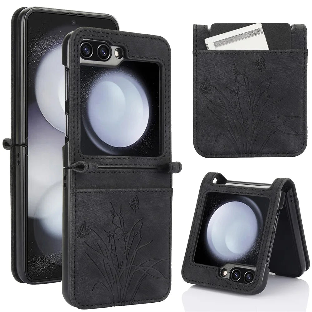 For Samsung Galaxy Z Flip5 5G Phone Case Orchid Butterfly Pattern PU Leather Cover - Black - 1