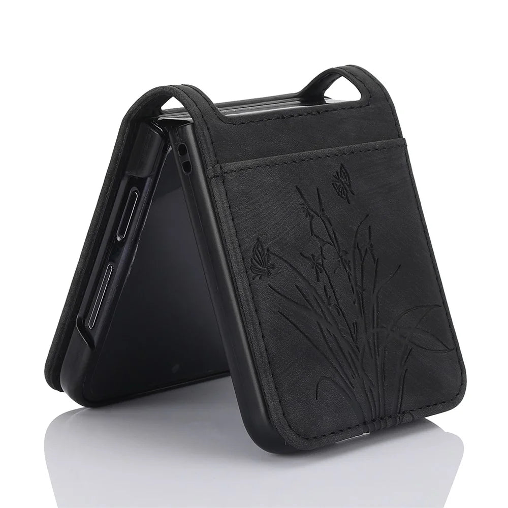 For Samsung Galaxy Z Flip5 5G Phone Case Orchid Butterfly Pattern PU Leather Cover - Black - 2