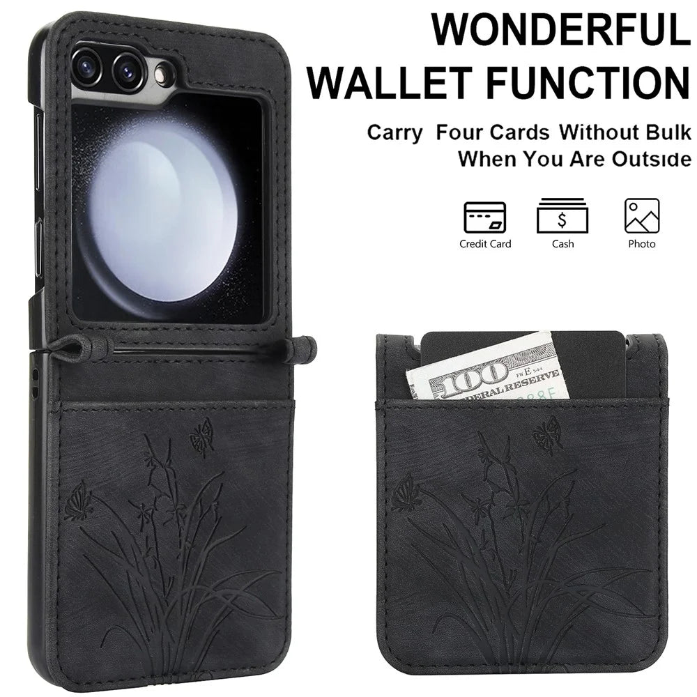 For Samsung Galaxy Z Flip5 5G Phone Case Orchid Butterfly Pattern PU Leather Cover - Black - 3