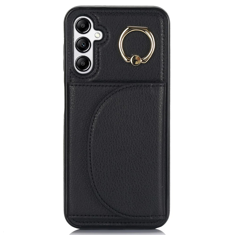 For Samsung Galaxy A54 5G Phone Case Ring Holder Card Slots PU Leather Back Cover - Black - 1