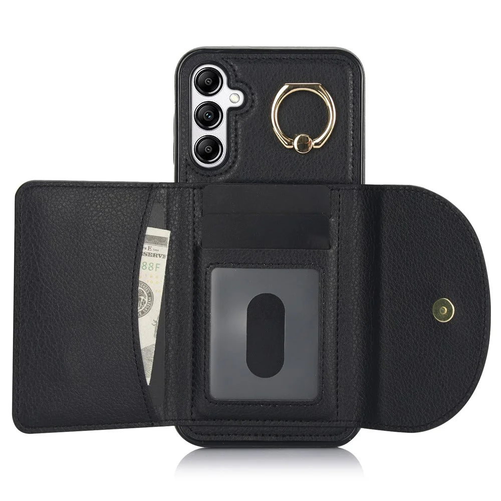 For Samsung Galaxy A54 5G Phone Case Ring Holder Card Slots PU Leather Back Cover - Black - 2