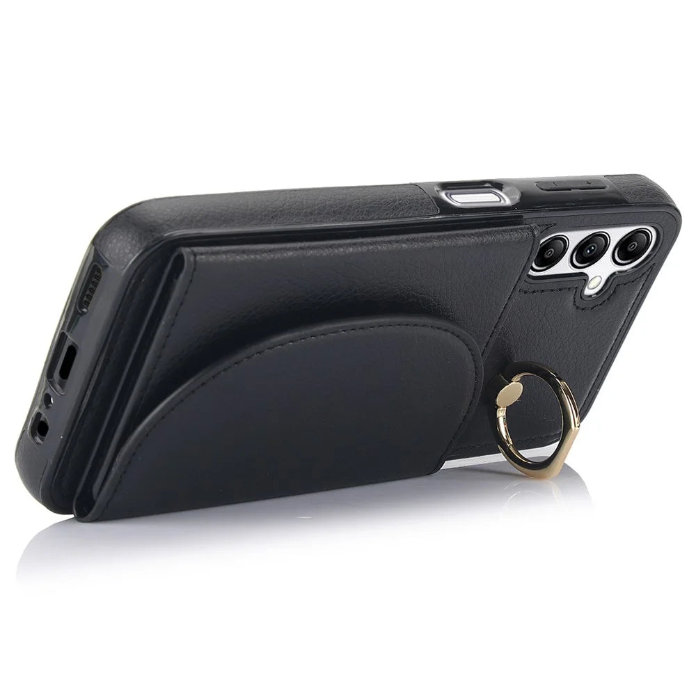 For Samsung Galaxy A54 5G Phone Case Ring Holder Card Slots PU Leather Back Cover - Black - 3