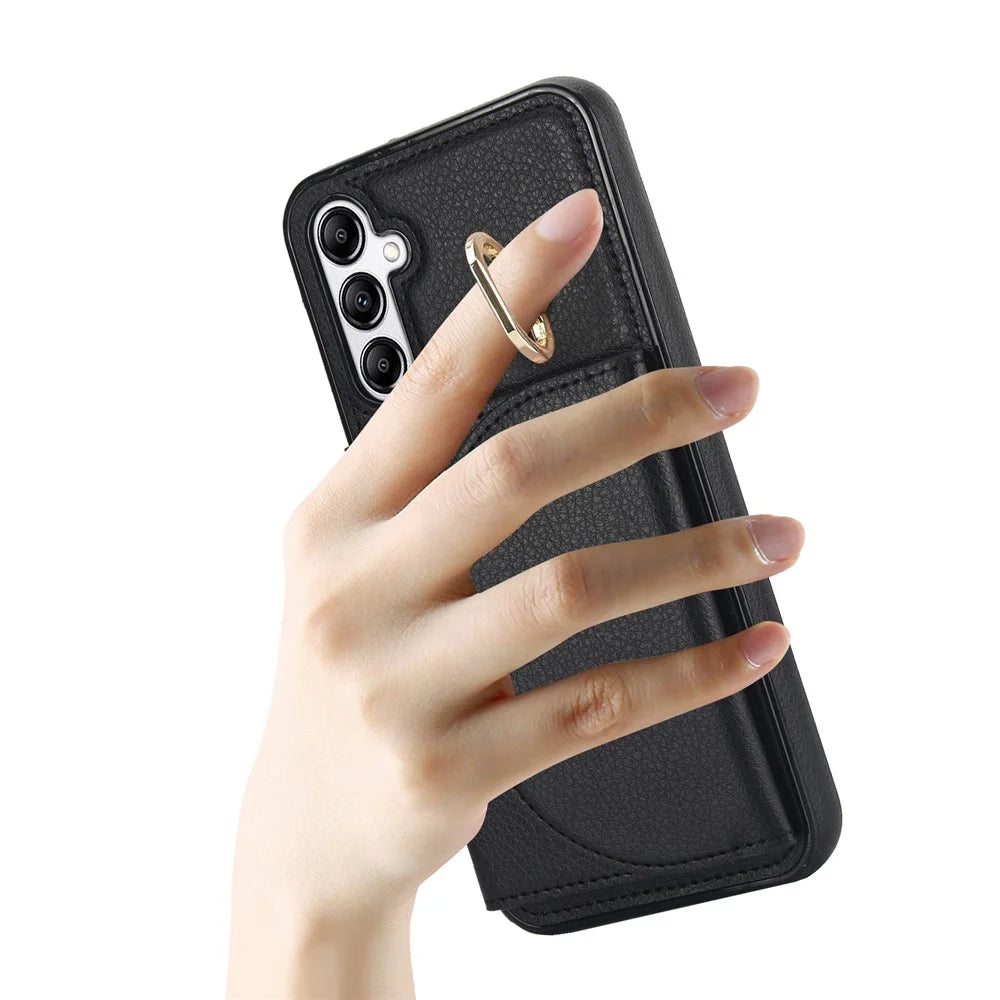 For Samsung Galaxy A54 5G Phone Case Ring Holder Card Slots PU Leather Back Cover - Black - 4