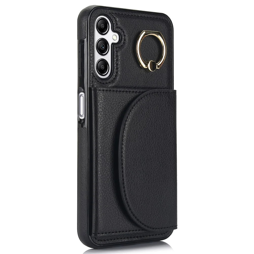 For Samsung Galaxy A54 5G Phone Case Ring Holder Card Slots PU Leather Back Cover - Black - 5