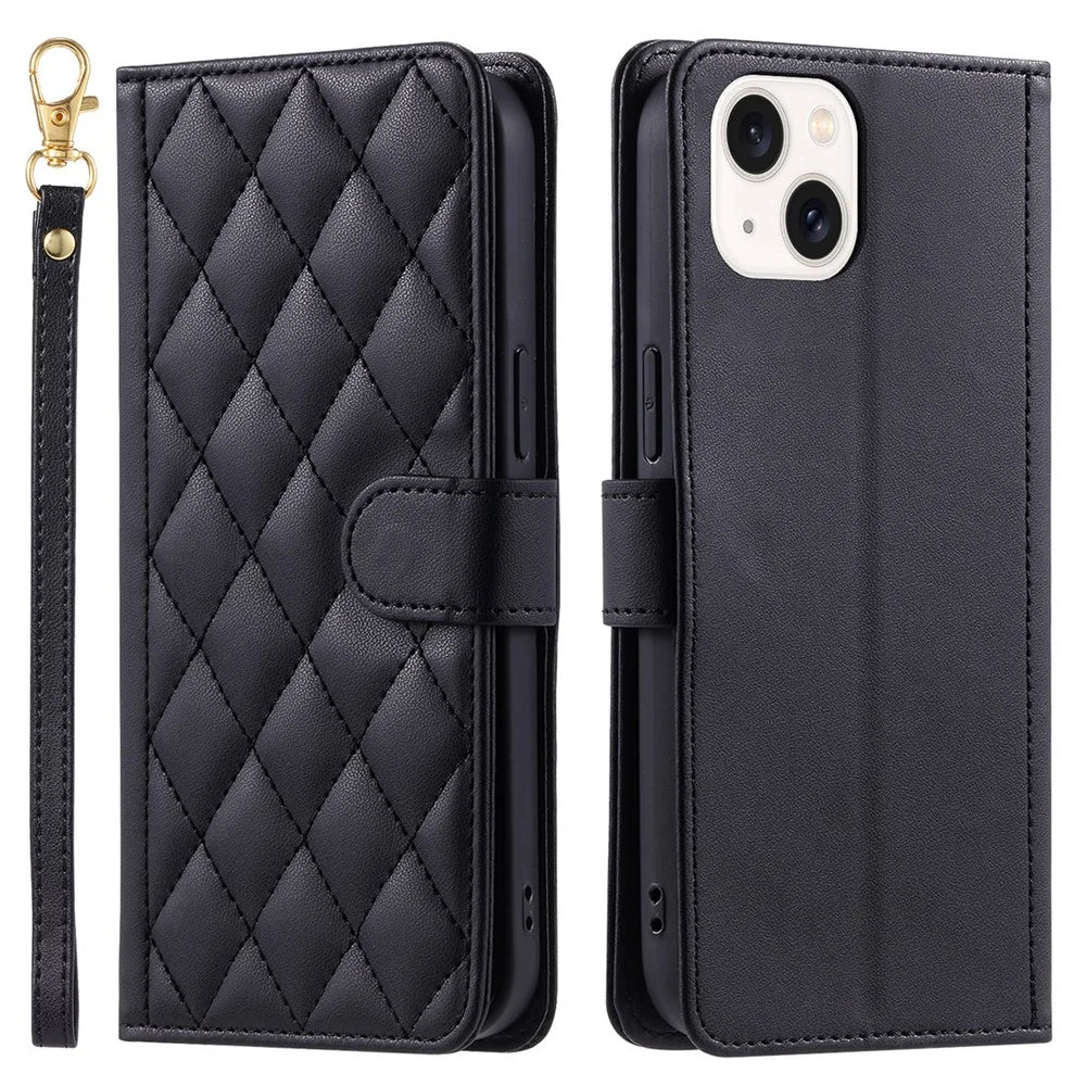 For iPhone 15 Plus Wallet Case PU Leather Cover Stitching Rhombus Grid - Black - 1
