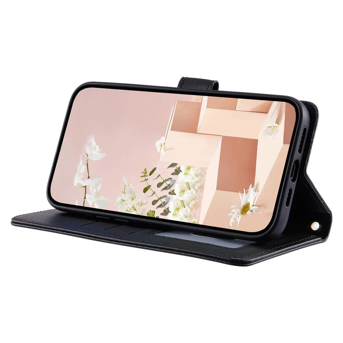 For iPhone 15 Plus Wallet Case PU Leather Cover Stitching Rhombus Grid - Black - 4