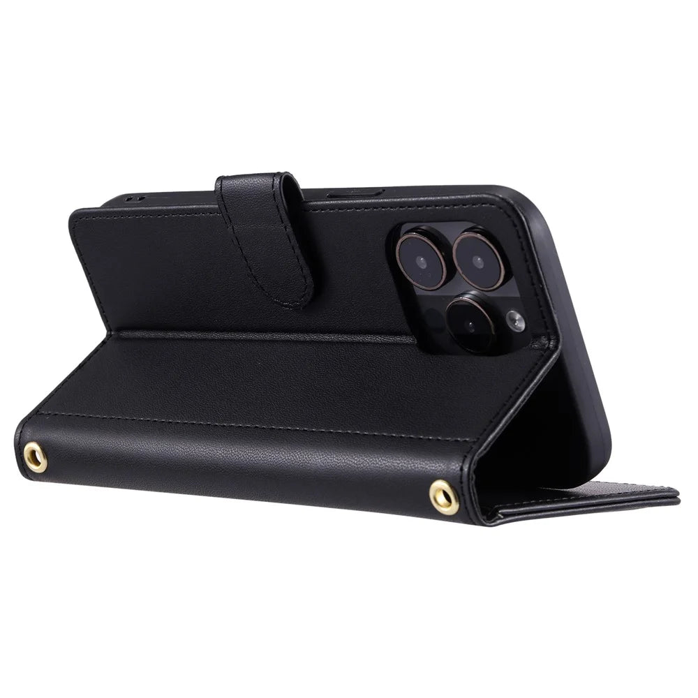 For iPhone 15 Pro Max Leather Case Stitching Rhombus Grid Stand Wallet Cover - Black - 3