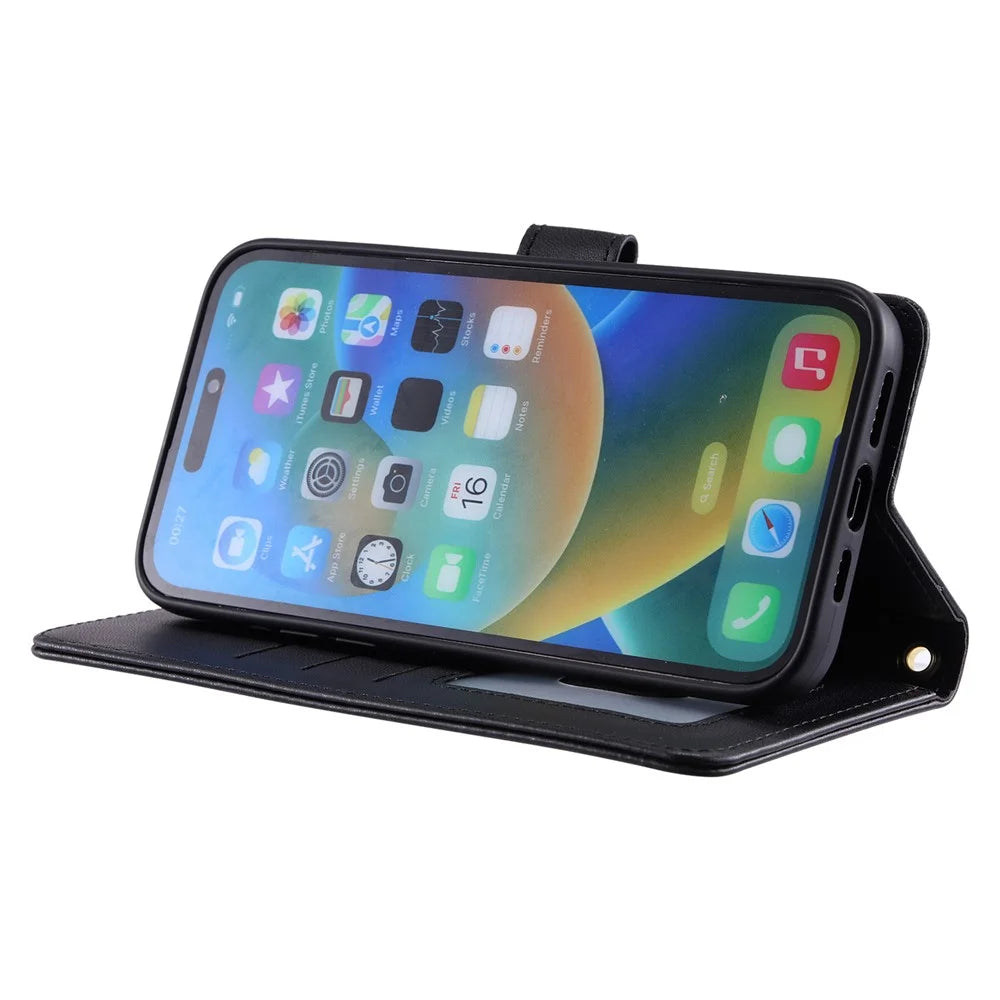 For iPhone 15 Pro Max Leather Case Stitching Rhombus Grid Stand Wallet Cover - Black - 4