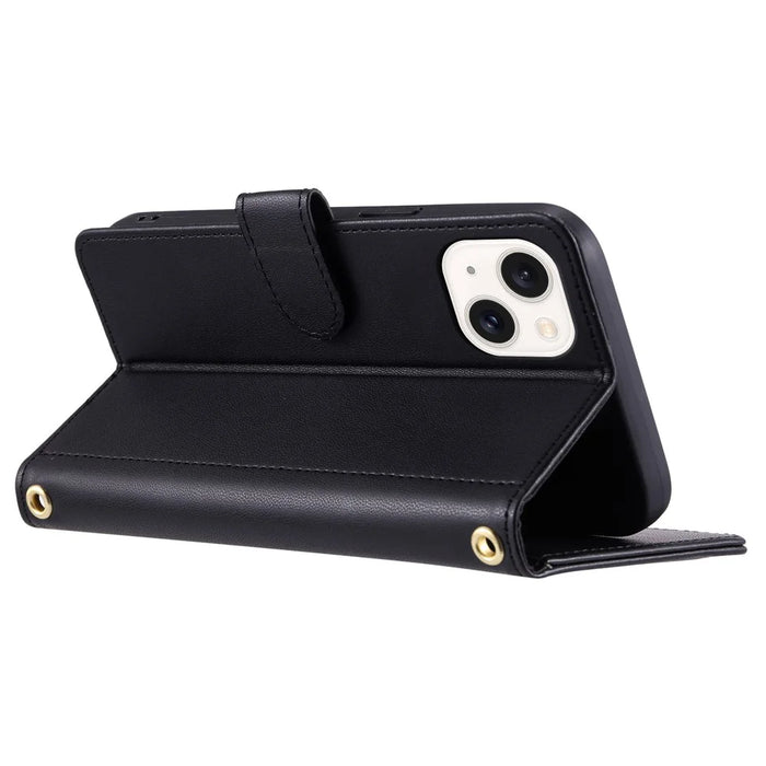 For iPhone 15 Leather Case Rhombus Grid Stand Flip Wallet Phone Cover - Black - 3