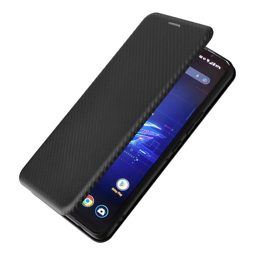 For Asus ROG Phone 8 5G / Phone 8 Pro 5G Phone Case Carbon Fiber Texture Stand Card Holder - Black - 5