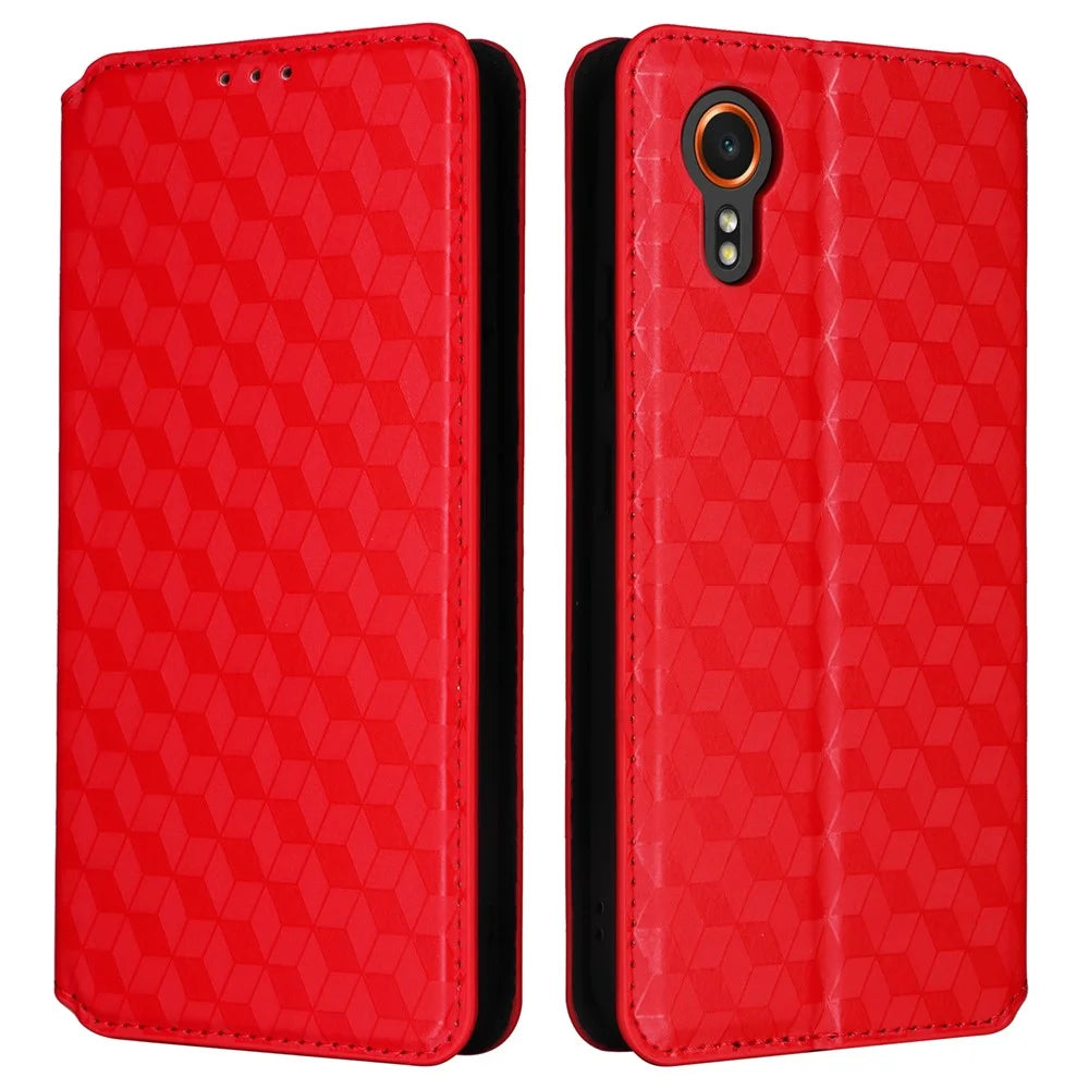For Samsung Galaxy Xcover7 Wallet Case Rhombus Imprinted Leather Flip Cover - Red - 1