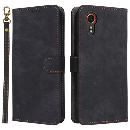 For Samsung Galaxy Xcover7 Leather Case with Strap RFID Blocking Wallet - Black - 1