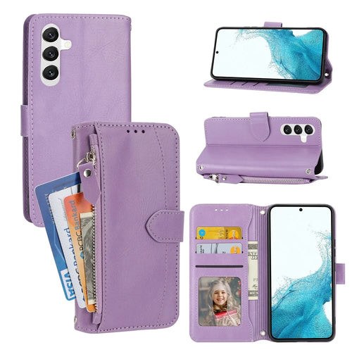 For Samsung Galaxy A35 5G Leather Case Crossbody Phone Cover Zipper Pocket - Purple - 1