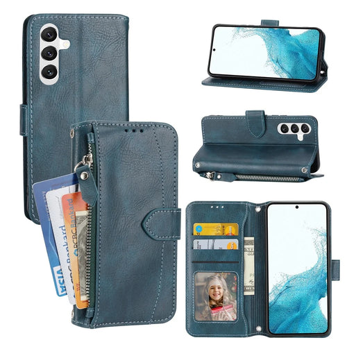 For Samsung Galaxy A55 5G Zipper Leather Case Wallet Phone Cover with 2 Straps - Blue - 1
