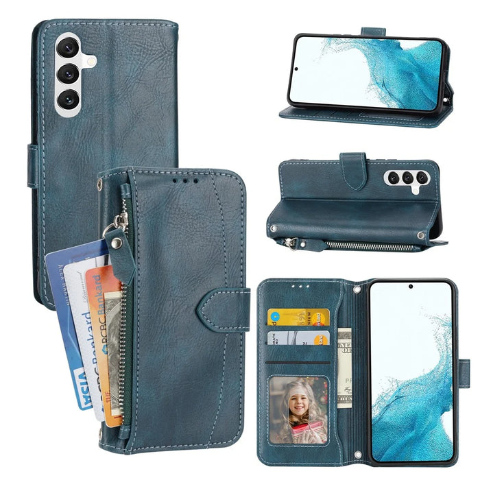 For Samsung Galaxy A55 5G Zipper Leather Case Wallet Phone Cover with 2 Straps - Blue - 1