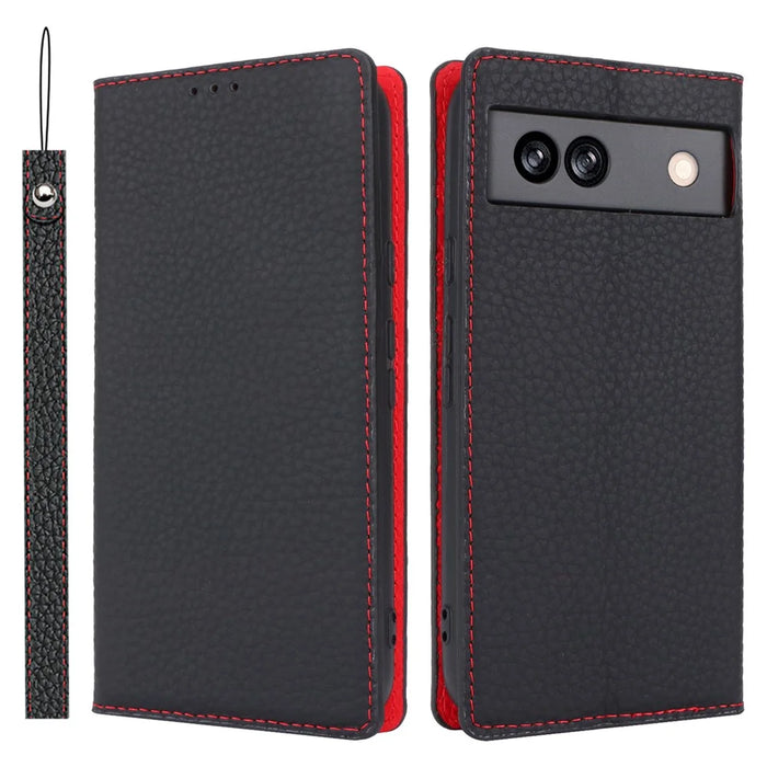 For Google Pixel 8a Genuine Cow Leather Case Litchi Texture Phone Wallet with Strap - Black - 1