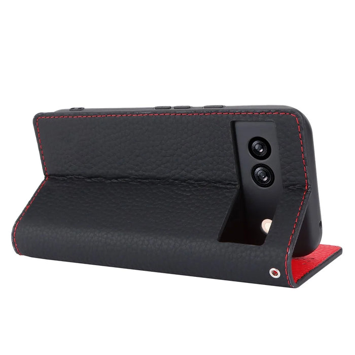 For Google Pixel 8a Genuine Cow Leather Case Litchi Texture Phone Wallet with Strap - Black - 3