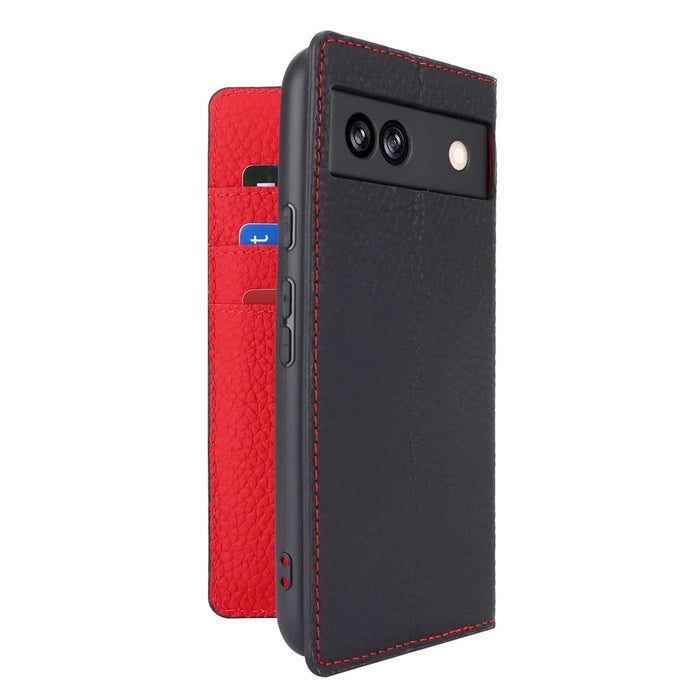 For Google Pixel 8a Genuine Cow Leather Case Litchi Texture Phone Wallet with Strap - Black - 6