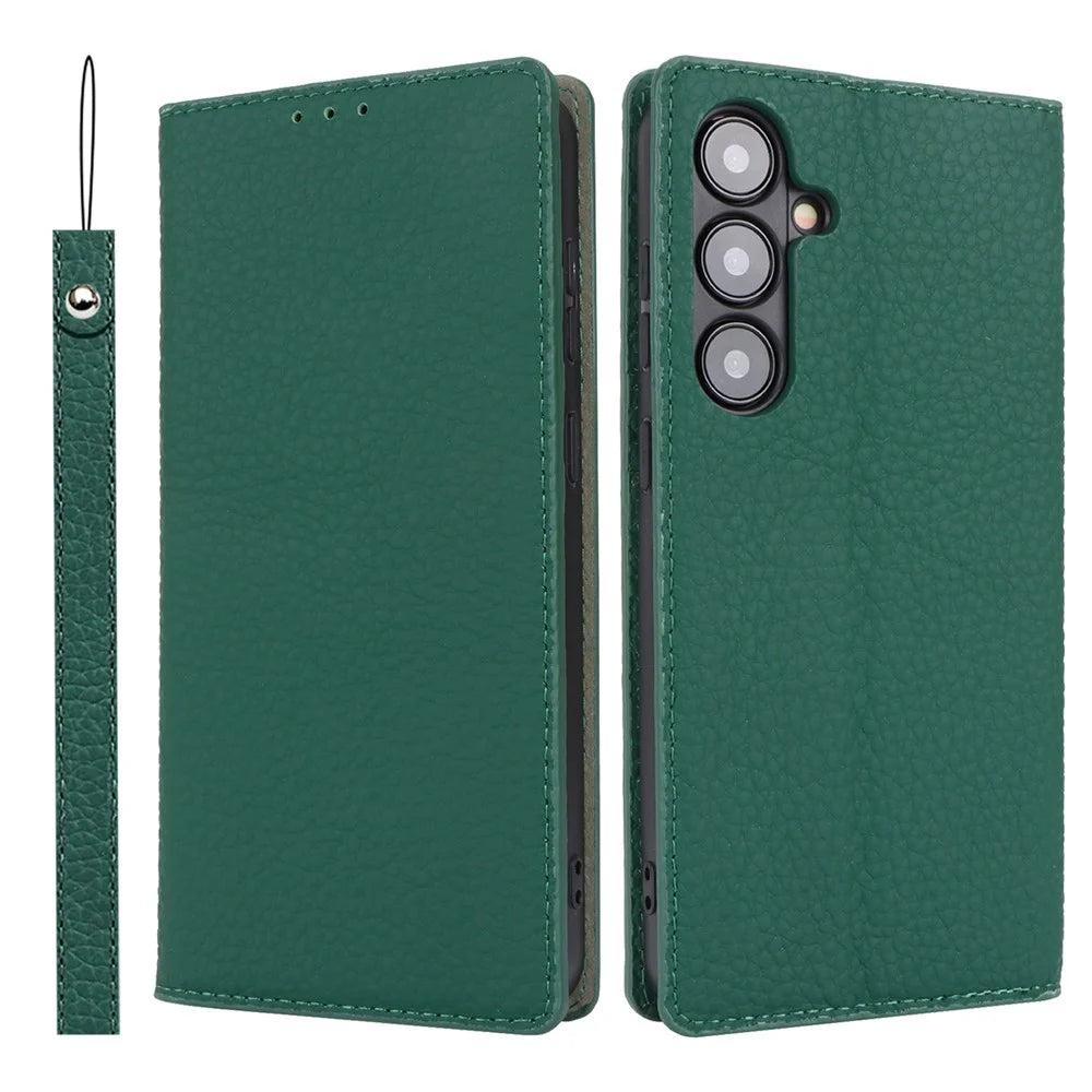 For Samsung Galaxy S24 Phone Case Genuine Cow Leather Wallet Cover Phone Stand - Green - 1