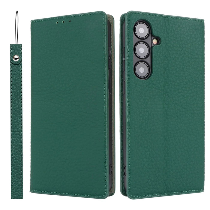 For Samsung Galaxy S24 Phone Case Genuine Cow Leather Wallet Cover Phone Stand - Green - 1