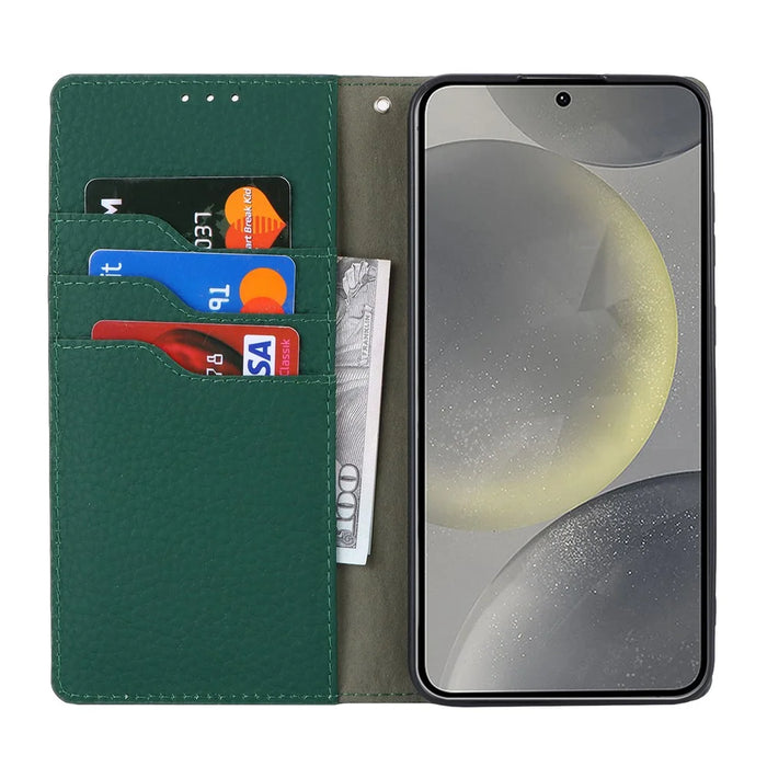 For Samsung Galaxy S24 Phone Case Genuine Cow Leather Wallet Cover Phone Stand - Green - 2