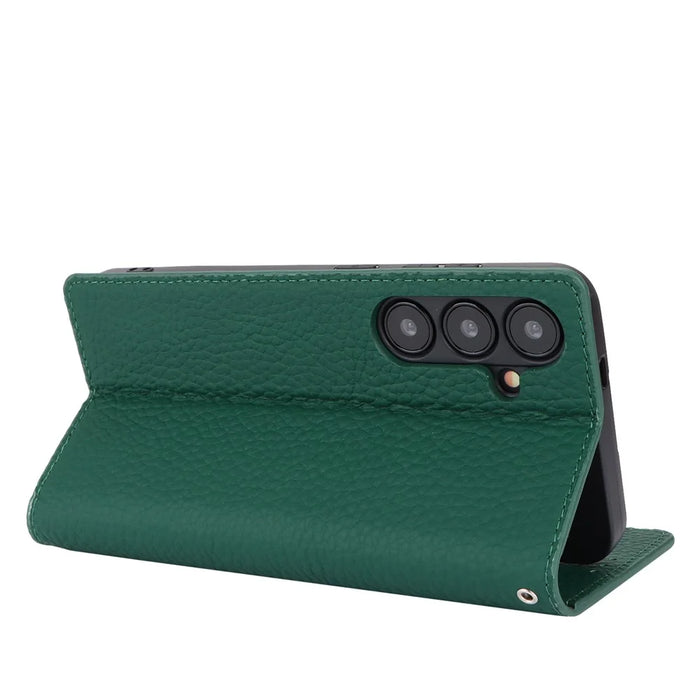 For Samsung Galaxy S24 Phone Case Genuine Cow Leather Wallet Cover Phone Stand - Green - 3