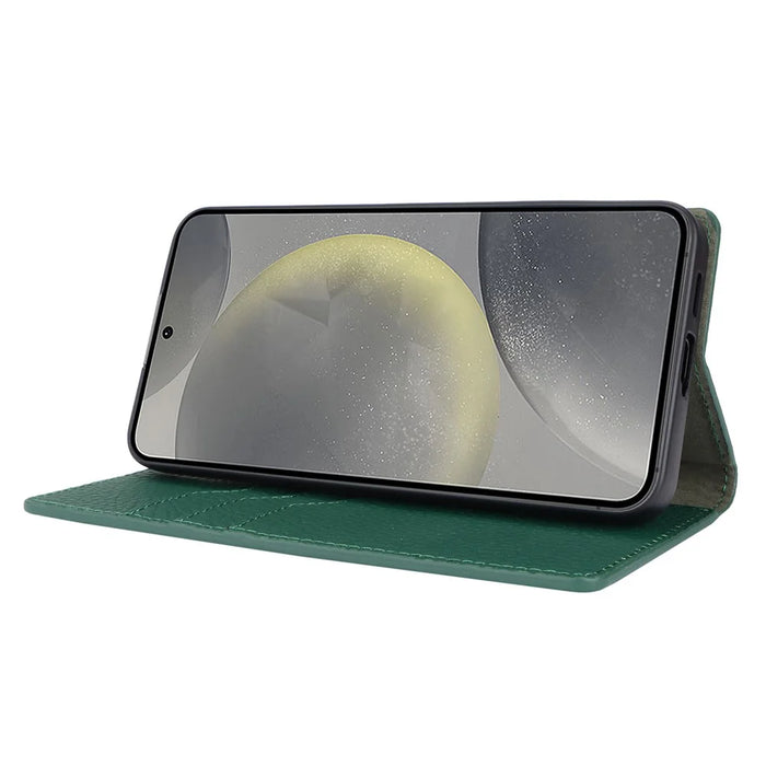 For Samsung Galaxy S24 Phone Case Genuine Cow Leather Wallet Cover Phone Stand - Green - 4