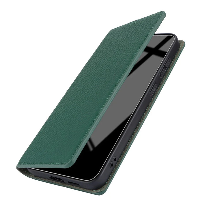 For Samsung Galaxy S24 Phone Case Genuine Cow Leather Wallet Cover Phone Stand - Green - 6