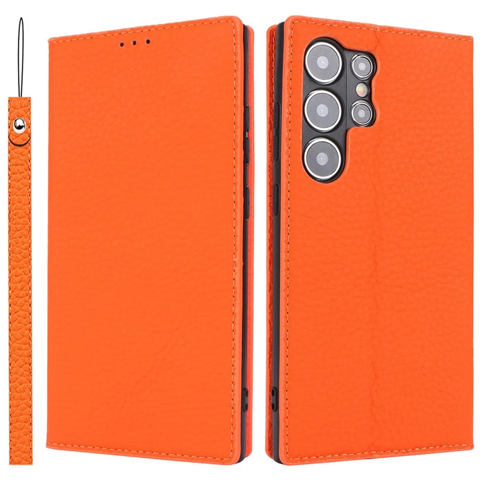 For Samsung Galaxy S24 Ultra Case with Hand Strap Genuine Cow Leather Cover - Orange - 1