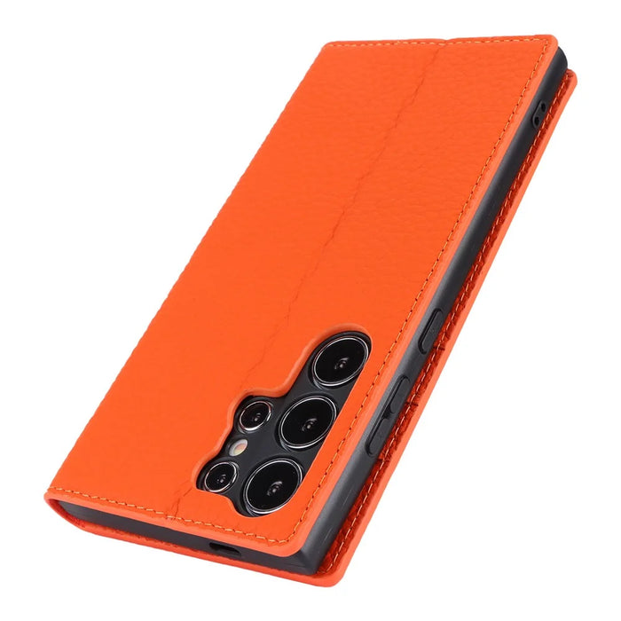 For Samsung Galaxy S24 Ultra Case with Hand Strap Genuine Cow Leather Cover - Orange - 5