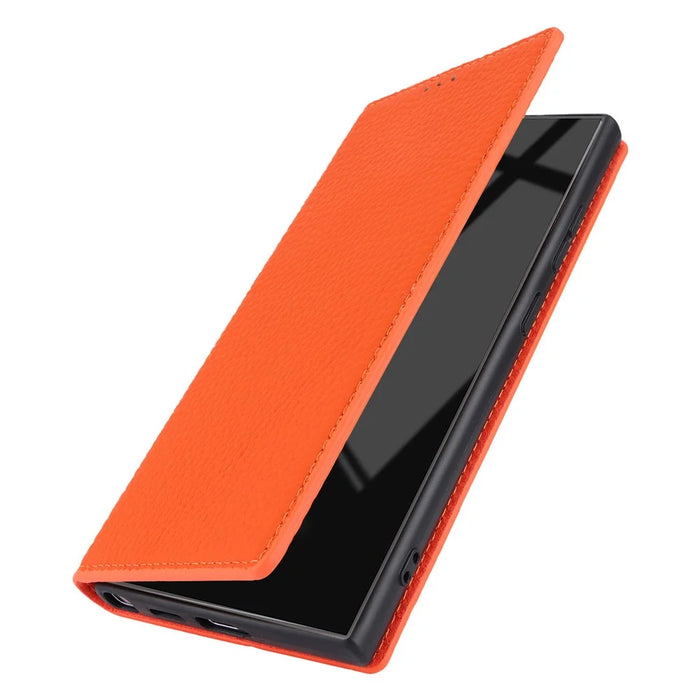 For Samsung Galaxy S24 Ultra Case with Hand Strap Genuine Cow Leather Cover - Orange - 6