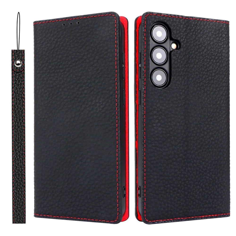 For Samsung Galaxy S24+ Wallet Case Genuine Cow Leather Phone Cover with Strap - Black - 1