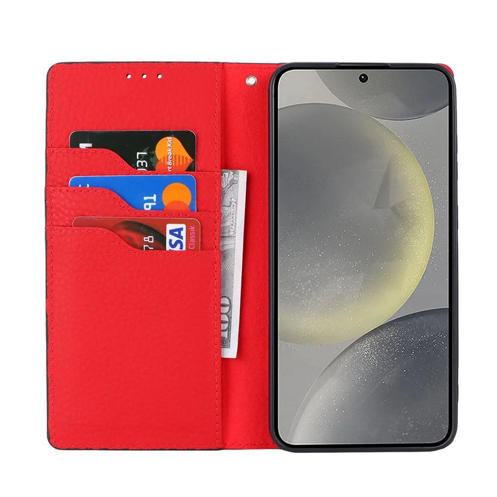 For Samsung Galaxy S24+ Wallet Case Genuine Cow Leather Phone Cover with Strap - Black - 2
