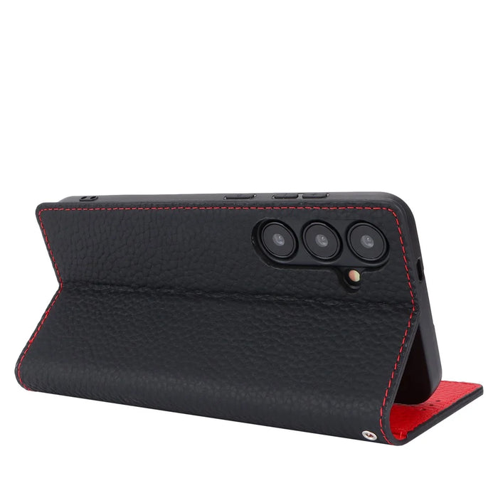 For Samsung Galaxy S24+ Wallet Case Genuine Cow Leather Phone Cover with Strap - Black - 3