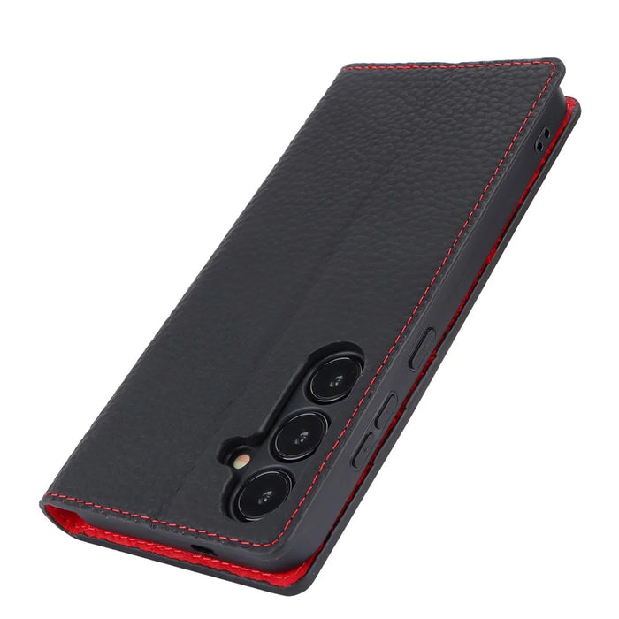 For Samsung Galaxy S24+ Wallet Case Genuine Cow Leather Phone Cover with Strap - Black - 5