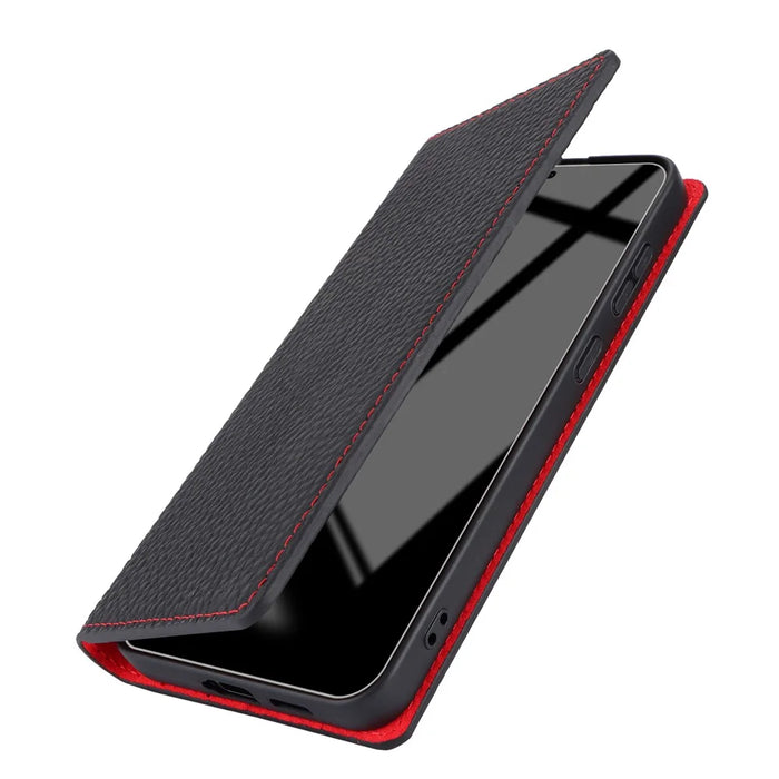 For Samsung Galaxy S24+ Wallet Case Genuine Cow Leather Phone Cover with Strap - Black - 6