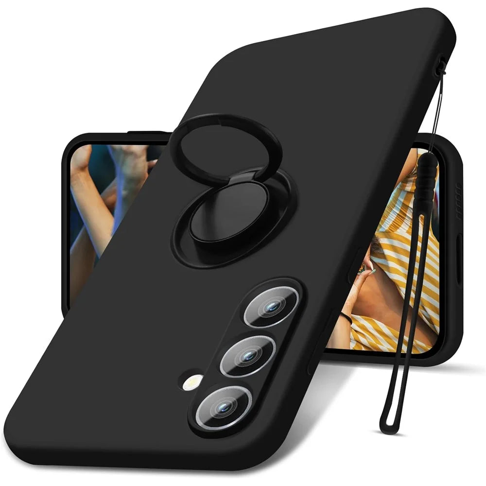 For Samsung Galaxy S24 Case with Hand Strap Liquid Silicone Kickstand Phone Cover - Black - 1