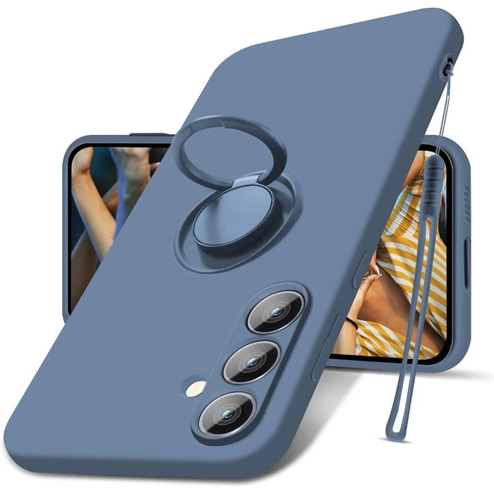 For Samsung Galaxy S24+ Liquid Silicone Case Ring Kickstand Phone Cover - Grey - 1