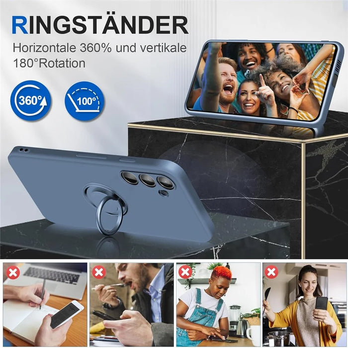 For Samsung Galaxy S24+ Liquid Silicone Case Ring Kickstand Phone Cover - Grey - 6