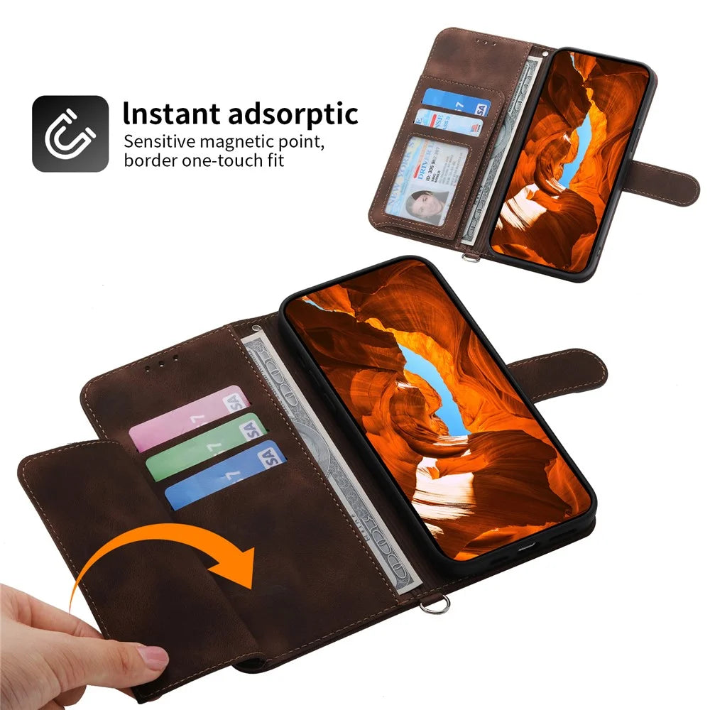 For Samsung Galaxy A55 5G Case Crossbody Leather Cover with Card Slots Wallet - Brown - 6
